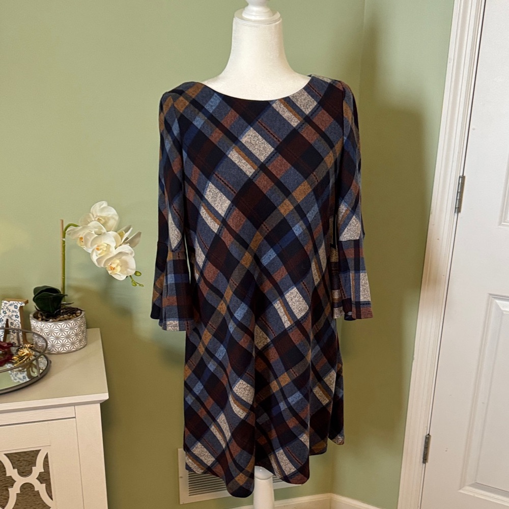 JH Collectibles Long Sleeve Plaid Dress - Blue, Brown, Cream
